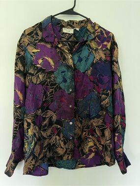 Rene’ Portier Boutique Vintage Silk Button Down Floral Blouse Shirt Size 8